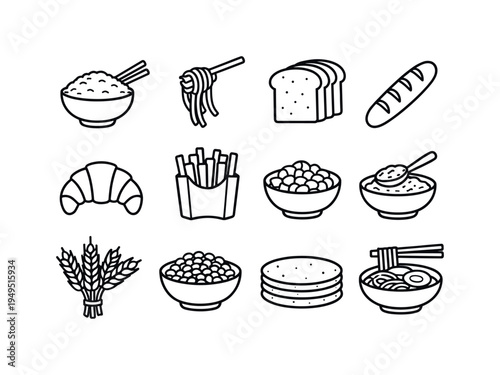 High carb grains and staples: rice bowl with chopsticks, spaghetti on fork, sliced bread, baguette, croissant, potato fries carton, corn kernels bowl, oatmeal spoon in bowl, wheat