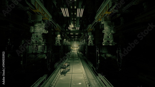 sterile engineering corridor glowing with green service lights, stacked maintenance crates and overhead rigs, quiet industrial rhythm, equipoise