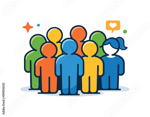 Community gathering and social participation focused on many people coming together for a shared event or public activity, a compact group of simple human figures standing close