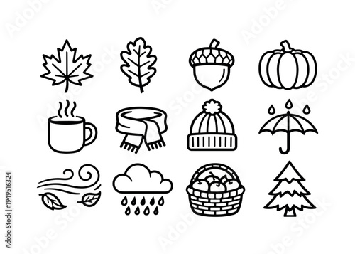 Seasonal autumn elements: maple leaf, oak leaf, acorn nut, pumpkin, hot drink mug with steam, scarf clothing, wool hat beanie, umbrella with rain drops, wind swirl with leaves