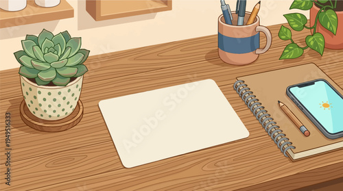 Blank paper on a wooden desk with a succulent plant.