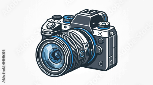 Detailed illustration of a modern digital singlelens reflex camera with a prominent lens.
