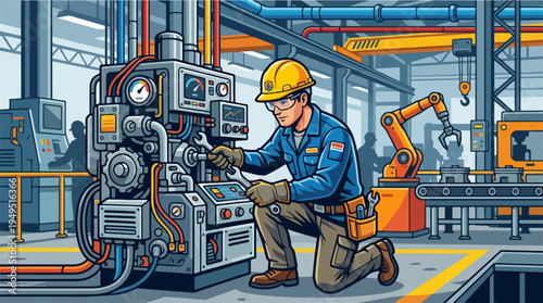 Skilled male technician in hard hat and uniform meticulously repairing industrial machinery.