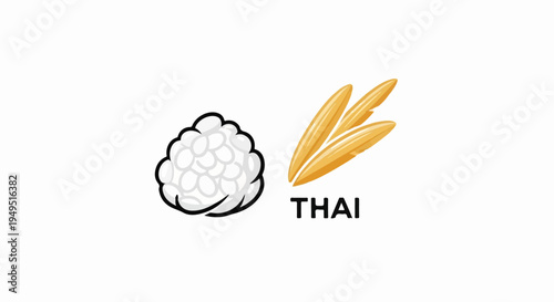 Stylized illustration of white rice grains next to golden rice stalks with the word THAI.