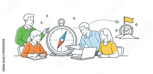 Professionals reviewing company strategy during a collaborative planning meeting, several coworkers gathered around a large compass placed beside a laptop while a simple arrow path