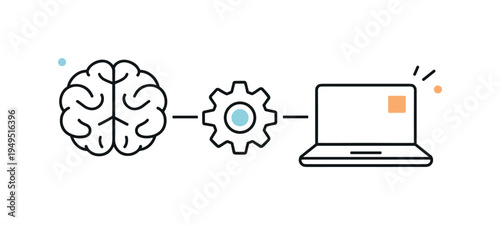 Artificial intelligence assisting everyday work and improving digital productivity in a modern technology environment, a simple human brain connected with a small gear and a laptop