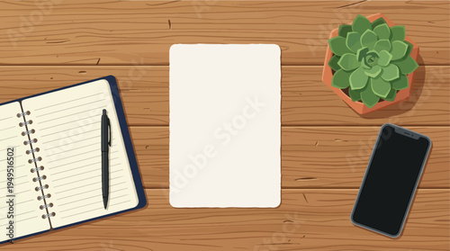 Blank paper notebook pen succulent plant and smartphone on a wooden desk.