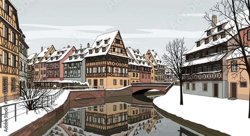Historic European Canal with Traditional Half Timbered Houses and Snow.