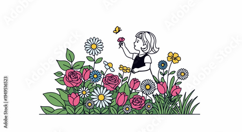 Little girl playing with a butterfly in a vibrant flower garden.
