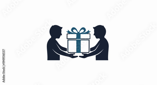 Two people exchanging a gift box symbolizing giving and receiving.