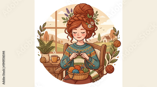 Young woman with red hair knitting a colorful sweater.