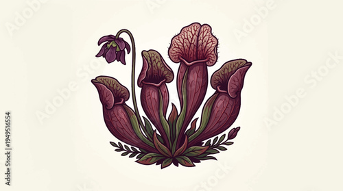 Botanical illustration of dark red pitcher plants with a single drooping flower.