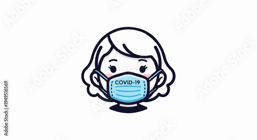 Cartoon woman wearing a blue COVID19 face mask.