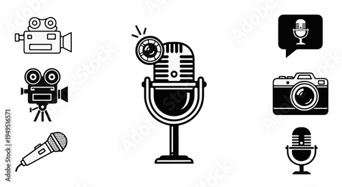 Vintage Microphone with Film Reel Icon for Media Production.