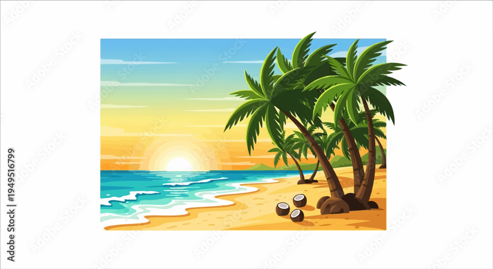Obraz premium Tropical Beach Sunset with Palm Trees and Ocean Waves.