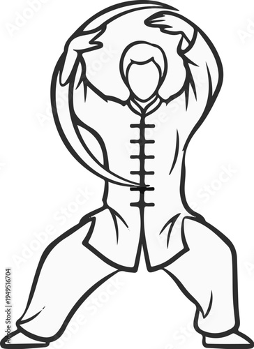 Man practicing Tai Chi in traditional attire dynamic pose.