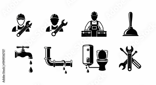 Plumbing service icons set with various tools and workers.