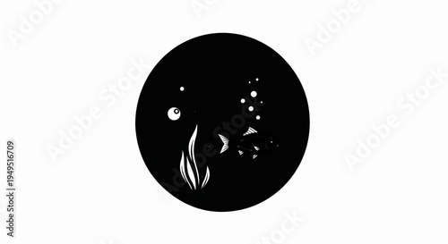 Stylized fish and aquatic plants in a dark circular frame.