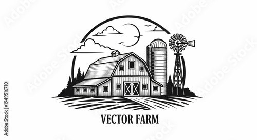 Rustic Farm Scene with Barn Silo and Windmill in Engraving Style.
