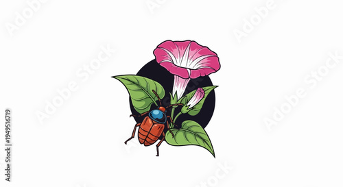 Vibrant illustration of a beetle on a morning glory flower with green leaves.