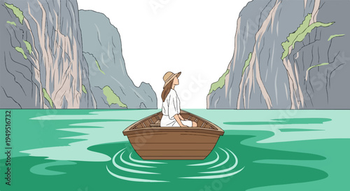 Woman in a straw hat and white dress sitting in a small wooden boat.
