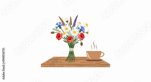 Vibrant Wildflower Bouquet and Steaming Coffee Cup on Wooden Tray.