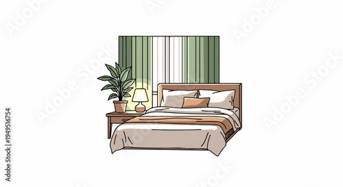 Cozy bedroom interior with a comfortable bed and bedside lamp.