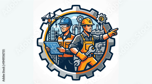 Two male engineers in hard hats and workwear inside a gear industrial setting.