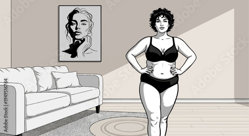 Confident woman in black lingerie standing with hands on hips.