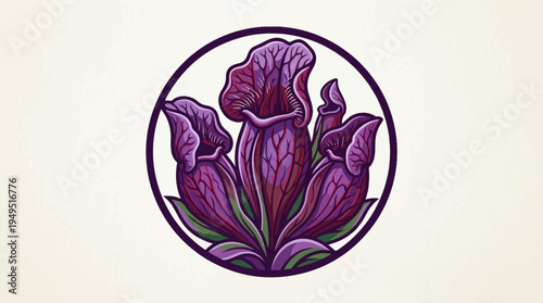 Vibrant purple pitcher plants in a circular frame illustration.