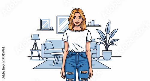 Young woman standing confidently in casual attire.