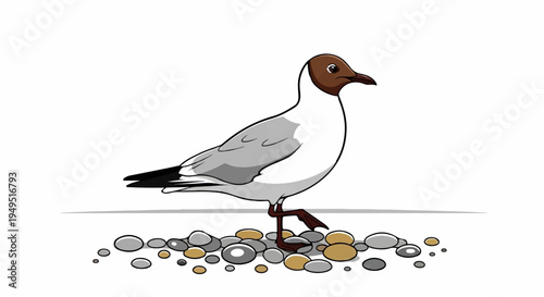 Blackheaded gull walking on a pebble beach cartoon illustration.