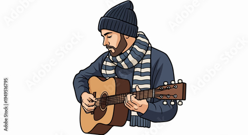 Man playing acoustic guitar in winter attire.