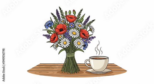 Vibrant Wildflower Bouquet and Steaming Coffee Cup on Wooden Tray 1.
