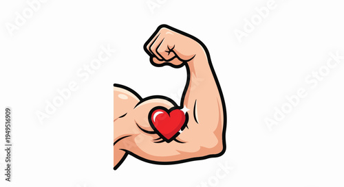 Strong arm flexing with a red heart symbolizing heart health and strength.