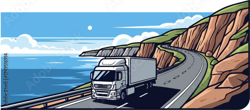 White delivery truck driving on a coastal road.