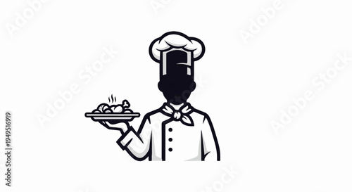 Monochromatic chef holding a platter of food culinary professional.
