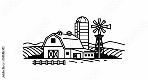 Rustic Farm Scene with Barn Silo and Windmill.