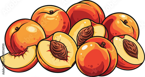 Vibrant illustration of ripe peaches whole and sliced showcasing their juicy flesh and pits.