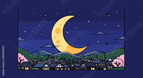 A large crescent moon illuminates a traditional Japanese village at night.