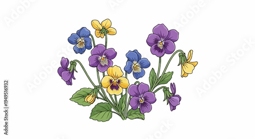 Vibrant Watercolor Illustration of Assorted Pansies and Violets.