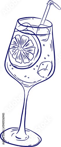 Cocktail With Lemon Slice Line Drawing