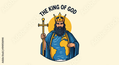 The King of God illustration with a cross and earth.