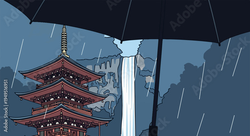 Traditional Japanese Pagoda in Rain with Umbrella.