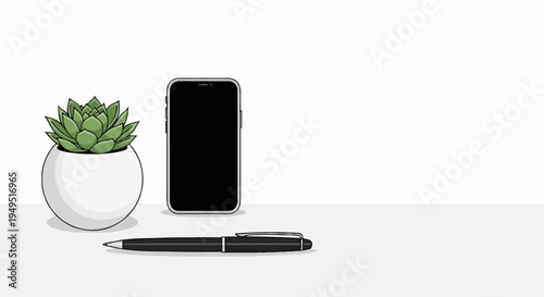Modern Office Desk Setup with Smartphone Pen and Succulent Plant.