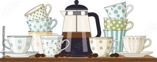 French Press and Stacked Teacups Illustration.