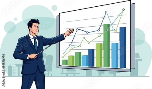Businessman presenting financial data on a large screen with charts and graphs.