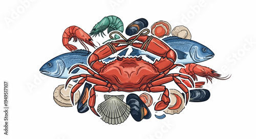 Vibrant Seafood Medley Illustration with Crab Fish Shrimp and Shells.