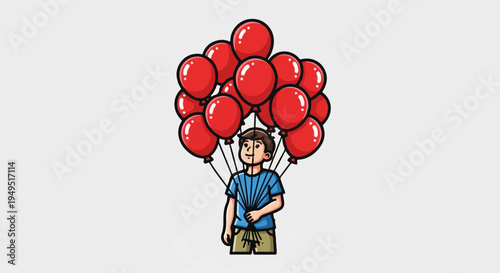 Young boy holding a large bunch of red balloons looking up with wonder.