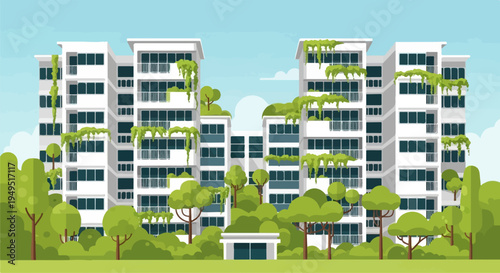 Modern residential buildings with green facades and lush vegetation.